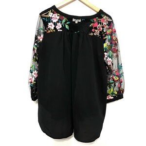 Umgee Floral Embroidered Black Blouse Long Sleeve Festival Band Concert